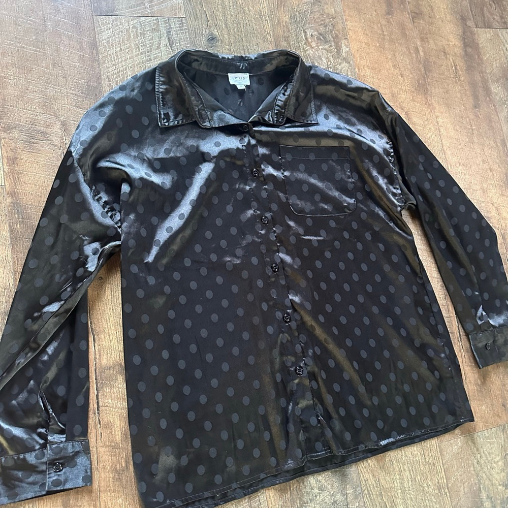 Women's LE LIS Black Polka Dot Button Down Shirt M